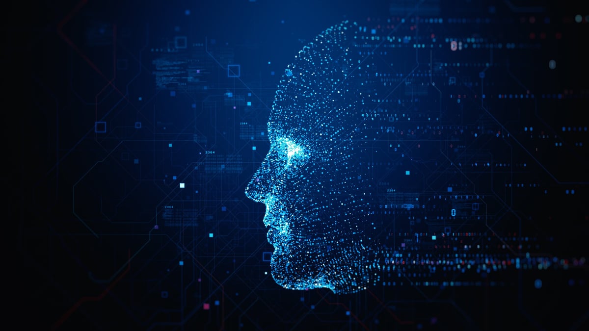 Digital human face formed by data points and neural connections, representing an AI voice agent